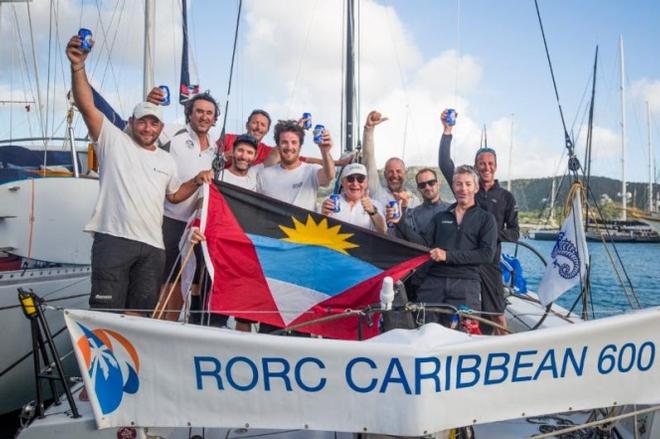 A jubilant crew on Eric de Turckheim's A13, Teasing Machine as they celebrate their IRC One class win and third place overall in the RORC Caribbean 600 in Antigua, February 2016 ©  ELWJ Photography